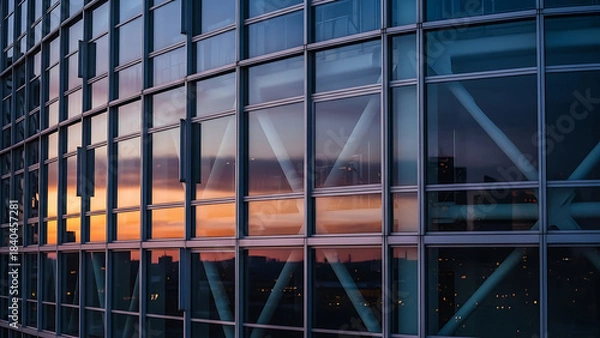 Fototapeta Modern glass facade building reflecting a vibrant sunset with orange and purple hues creating a captivating architectural detail
