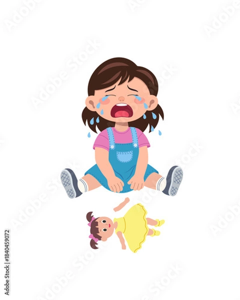 Obraz Girl crying near a broken doll. Vector illustration.