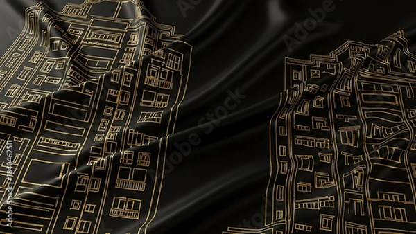 Fototapeta Intricate golden embroidery adorns a luxurious black silk dress showcasing detailed patterns and elegant draping in a studio setting