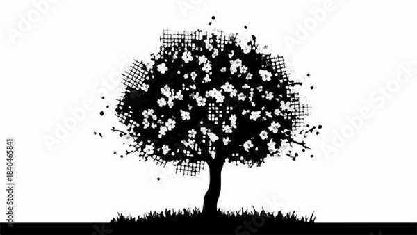 Fototapeta Stylized silhouette of a blooming tree with textured foliage against a stark white background.