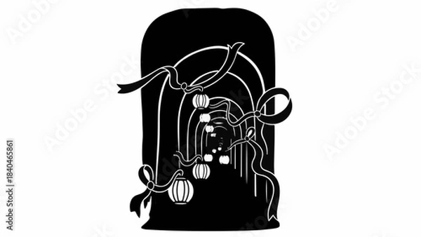 Fototapeta Mysterious dark hallway with illuminated lanterns and flowing ribbons, creating an atmospheric and intriguing perspective.