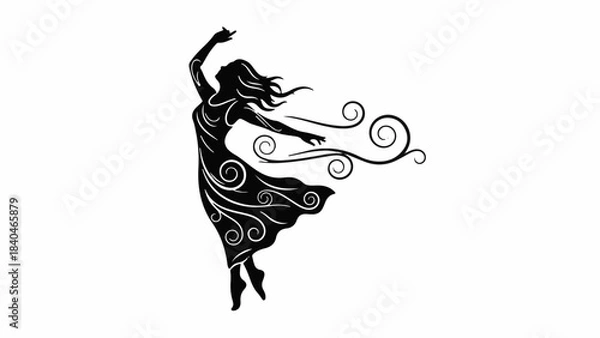 Fototapeta Graceful dancer in flowing dress expresses freedom and joy in a stylized silhouette