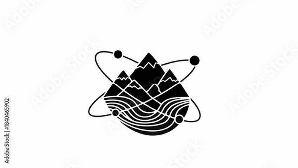 Fototapeta Abstract mountain landscape with flowing water and orbiting planets, symbolizing nature and cosmic connection.