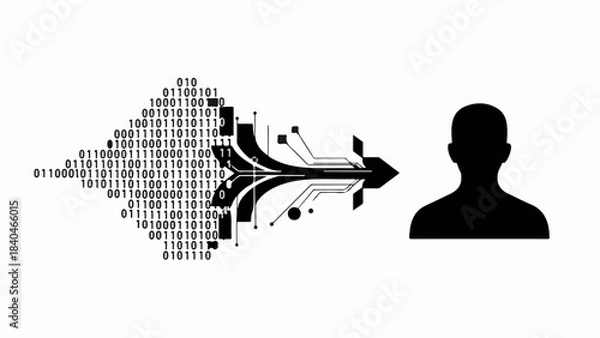 Fototapeta Abstract digital data stream flowing into a human silhouette, representing information processing and AI