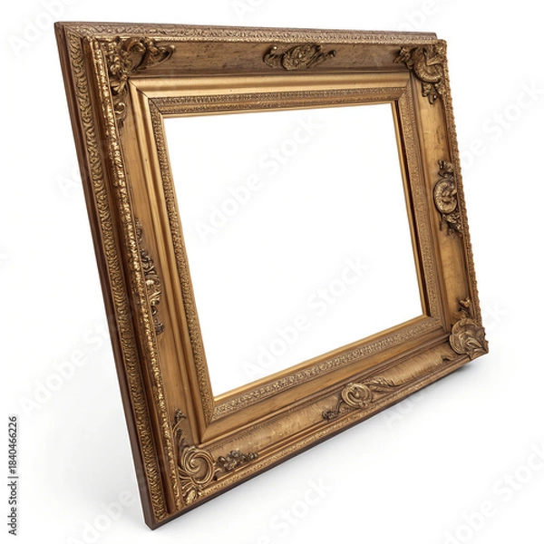 Fototapeta Old vintage gold wooden frame isolated on the white background, Antique golden old frame, Design element for paint, mirror or photo.