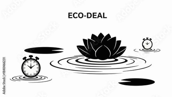 Fototapeta Serene lotus flower blooms in calm water with ticking clocks symbolizing eco-friendly time management