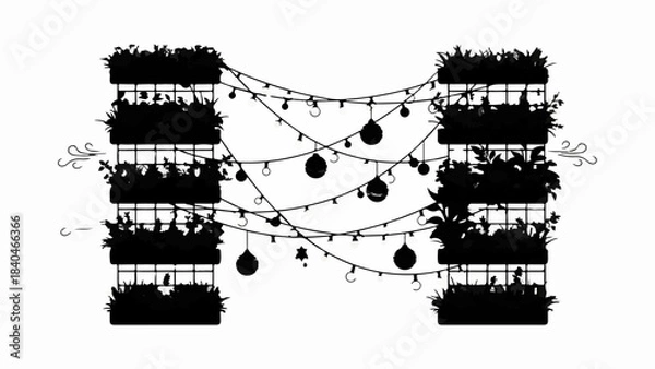 Fototapeta Whimsical silhouette of a vertical garden adorned with festive string lights and ornaments