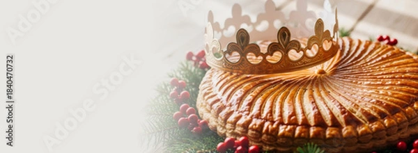 Obraz Holiday galette des rois cake with golden king crown on top. Epiphany dessert, a festive sweet pastry for Celebration and Christmas. Banner with copy space