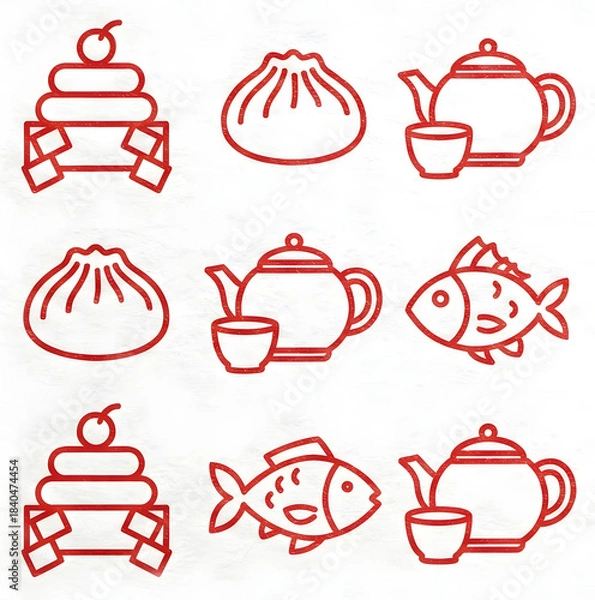 Fototapeta Red line icons set: dim sum, tea pot, and lucky fish on white textured paper.