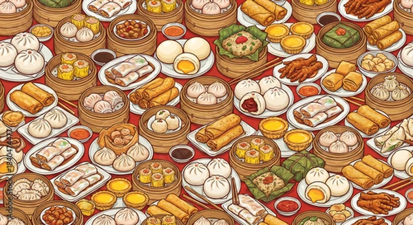 Fototapeta Dim sum doodle pattern: bao, dumplings, spring rolls, and egg tarts on red background.