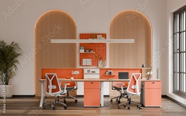 Obraz Modern Creative Workspace with Arch Wall Design and Workstations – 3D Render
