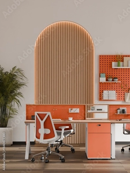 Obraz Modern Creative Workspace with Arch Wall Design and Workstations – 3D Render
