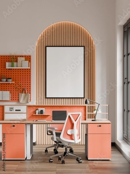 Obraz Modern Creative Workspace with Arch Wall Design and Workstations – 3D Render
