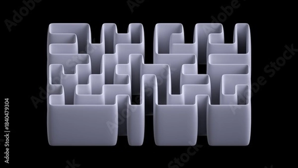 Obraz 3d render, abstract volumetric geometric maze, made of flat white ribbons isolated on black background, modern minimalist wallpaper