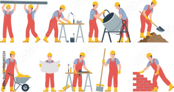 Fototapeta Construction workers performing various tasks with tools, safety gear, teamwork and building activities vector illustration set