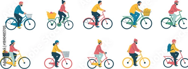 Fototapeta Diverse bicycle riders in colorful outfits with baskets and backpacks, urban commuting and lifestyle vector illustration set