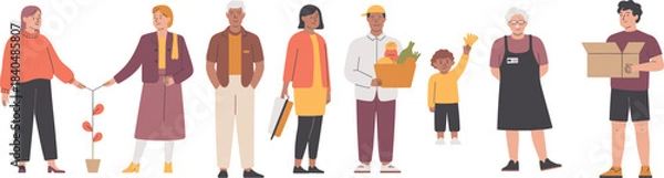 Fototapeta Diverse community people in casual outfits with plants, groceries, books, boxes, and gestures vector illustration set