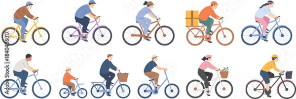 Fototapeta Diverse cyclists riding colorful bicycles with baskets, packages, flowers, child and adult riders vector transportation illustration set