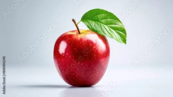 Fototapeta Shiny red apple with green leaf