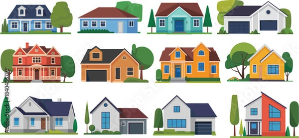 Fototapeta Residential house illustration set with diverse architectural styles, colorful designs, landscaping elements, modern and traditional home vector collection