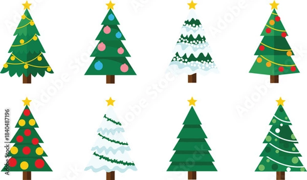 Fototapeta Set of Eight Stylized Christmas Trees with Stars, Ornaments, Snow, and Garland in Festive Holiday Theme for Seasonal Vector Design