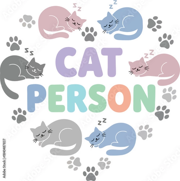 Fototapeta Cute Cat Person Vector Illustration With Heart Shape And Paw Prints