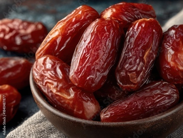 Fototapeta Delicious dates in a rustic bowl on dark textured background  