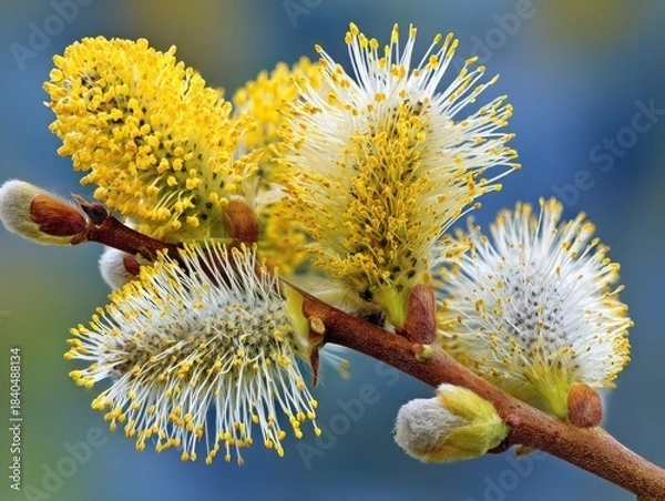 Fototapeta Yellow and white fluffy catkins on willow branch in springtime  