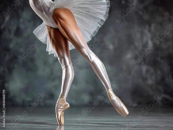 Fototapeta Ballerina in white tutu performing on pointe shoes in studio  