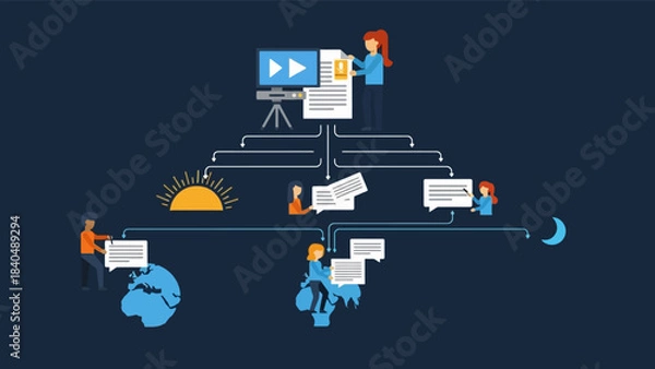Obraz Flat vector illustration showing global content creation and distribution workflow.