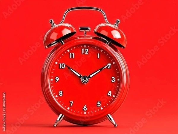 Fototapeta Red alarm clock on bright red background showing time  