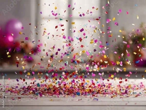 Fototapeta Colorful confetti falling on table with festive background decorations  