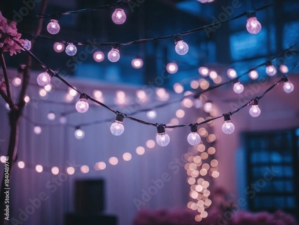 Fototapeta Decorative string lights illuminated in a soft purple ambiance  