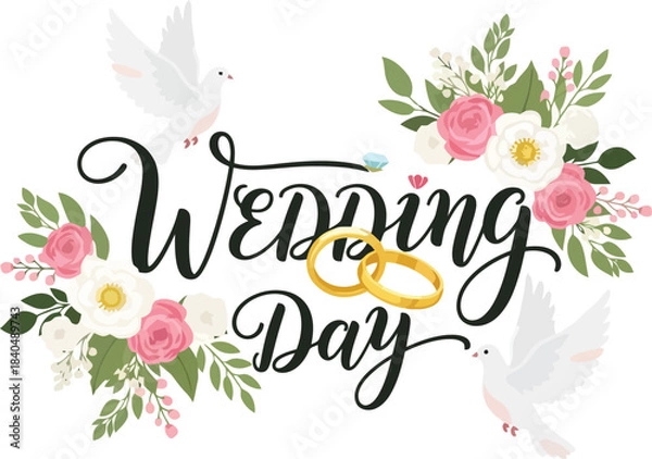 Fototapeta Elegant Wedding Day Vector Badge With Doves And Flower Bouquet