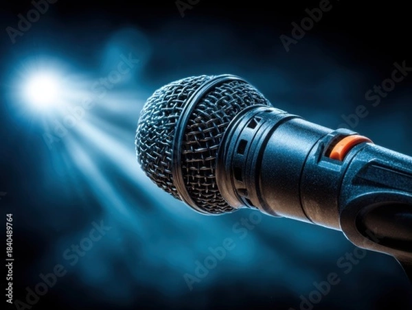 Fototapeta Close-up view of a microphone with spotlight effect on dark background  
