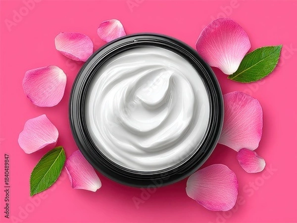 Fototapeta Moisturizing cream in black jar surrounded by pink rose petals  