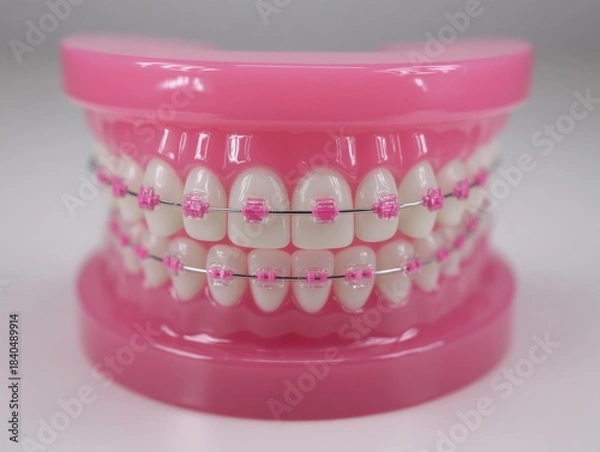 Fototapeta Model of teeth with pink braces displayed on pink background  