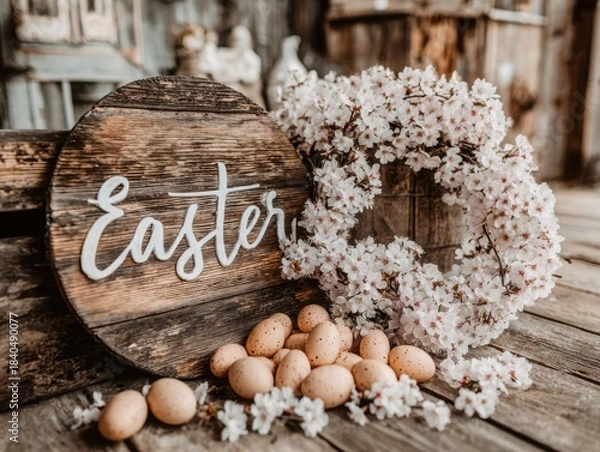 Fototapeta Easter wreath with wooden sign and eggs on rustic background  