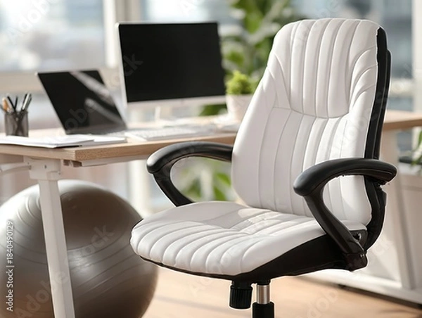 Fototapeta Modern white office chair in bright workspace near computer desk  