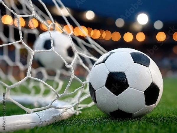 Fototapeta Soccer ball resting near the goalpost with blurred stadium lights  