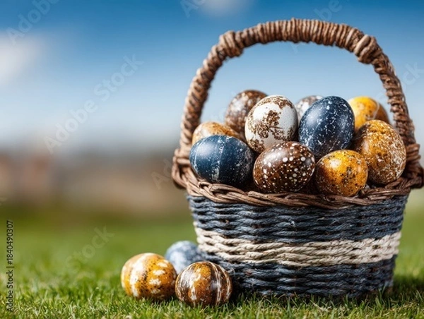Fototapeta Colorful Easter eggs in basket on grass under blue sky  