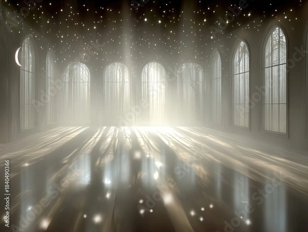 Fototapeta Ethereal light streaming through arched windows in serene hall  