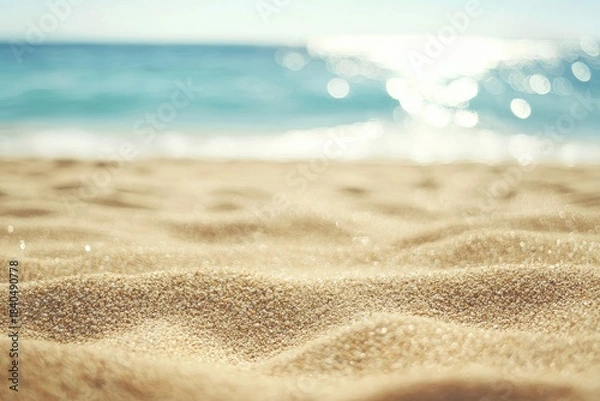 Fototapeta Sunlit sparkling beach sand with soft ocean blur and bright reflections, ideal for summer travel visuals, coastal branding designs, clean minimal layouts, and lifestyle background themes
