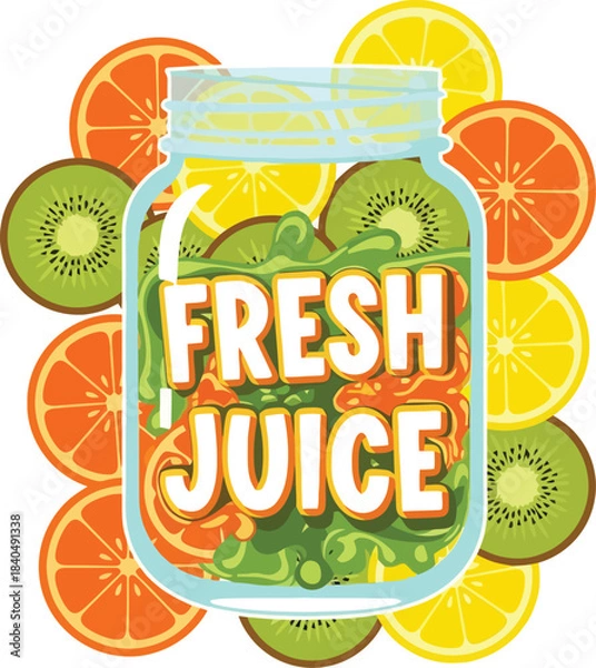 Fototapeta Summer Fresh Juice Vector Badge With Jar And Citrus Slices
