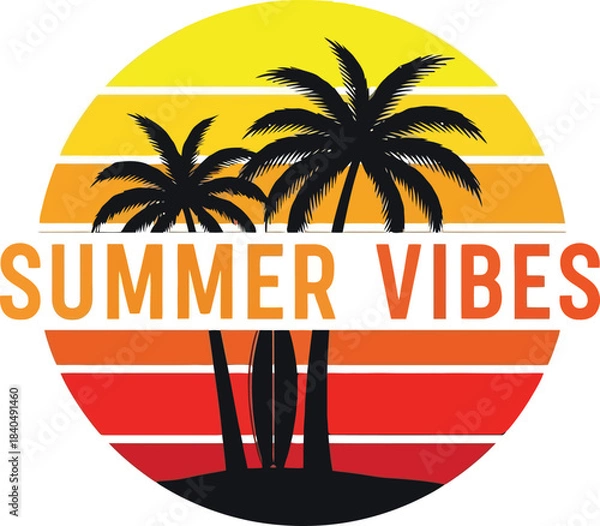 Fototapeta Sunset Summer Vibes Vector Icon With Palm Silhouette And Sea