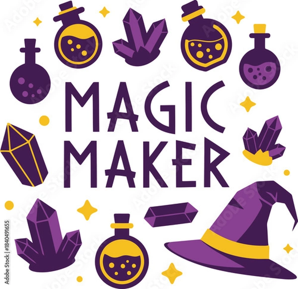 Fototapeta Whimsical Magic Maker Purple Vector Badge With Witch Hat Potion