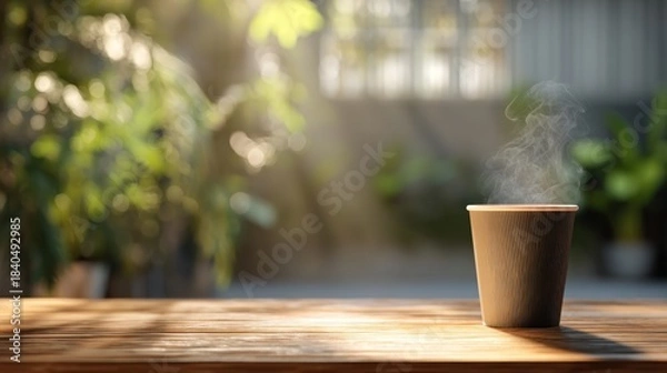 Fototapeta Steaming coffee cup on a wooden table