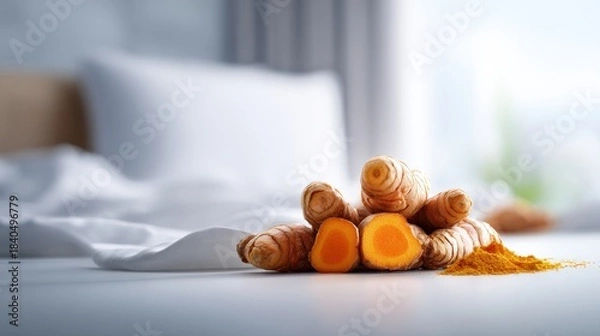 Fototapeta Turmeric roots and powder with bright light