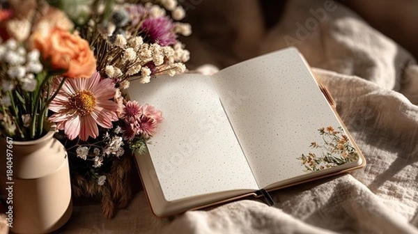 Fototapeta Open notebook with pastel flowers in a soft floral stationery mockup