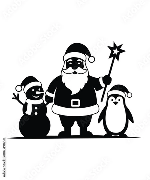 Fototapeta Christmas Celebration Scene Showing Santa with Magic Wand, Snowman, and Penguin in Bold Vector Design
